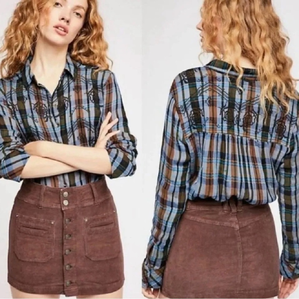 Free People Magical Plaid Floral Embroidered Shirt Blue Brown Long Sleeve Sz S